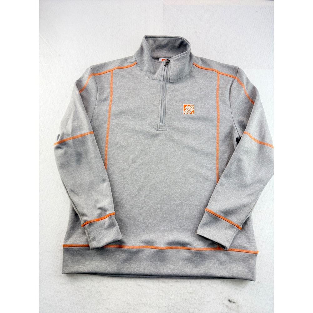 Home Depot Mens Medium Gray Quarter Zip Pullover Orange Stitching Workwear Logo
